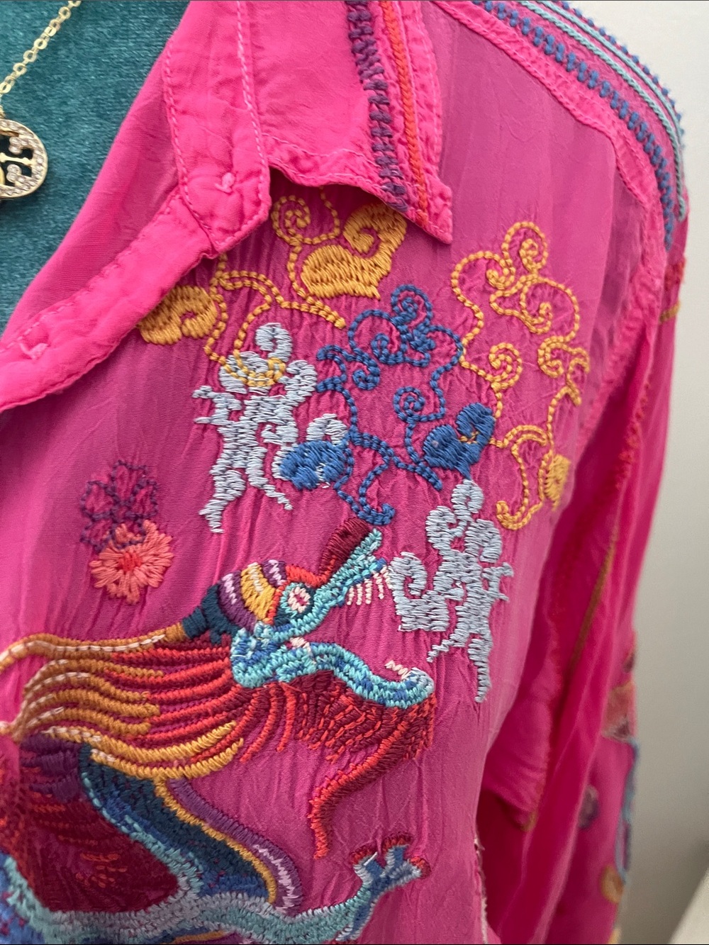 Johnny Was Hot Pink Embroidered Button-Down Shirt - Picture 10 of 11